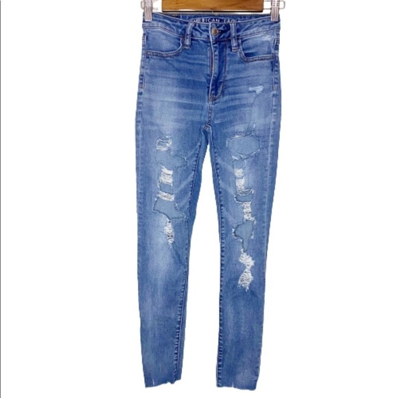 American Eagle Super Hi-Rise Distressed Jegging Skinny Raw Hem Jeans - Picture 13 of 13